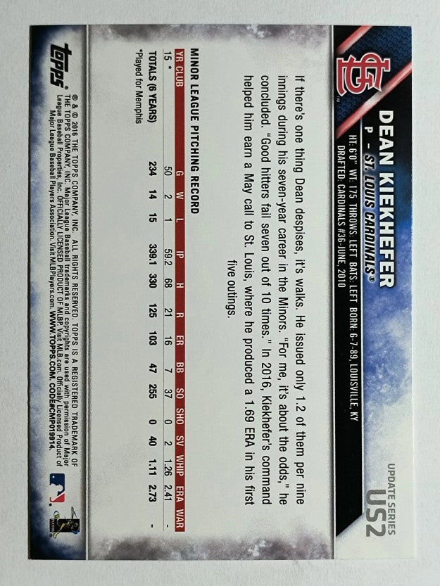 2016 Topps Update #US2 Dean Kiekhefer RC