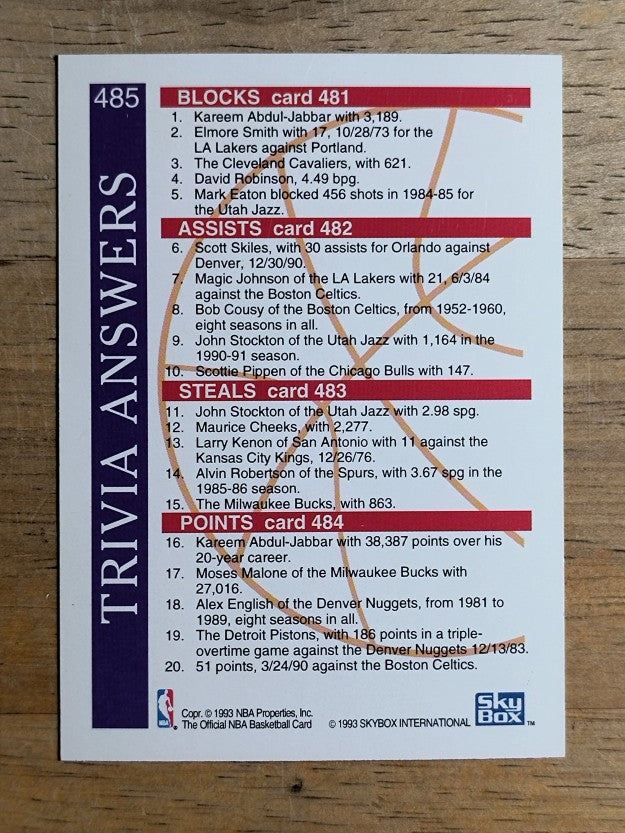1992-93 Hoops #485 Answer Card TRIV/Magic Johnson/David Robinson/Ewing/Stockton