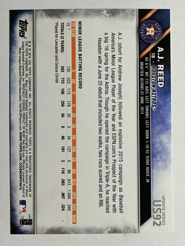 2016 Topps Update #US92A A.J. Reed RC