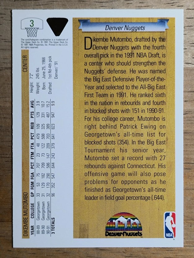 1991-92 Upper Deck #3 Dikembe Mutombo RC (NM)