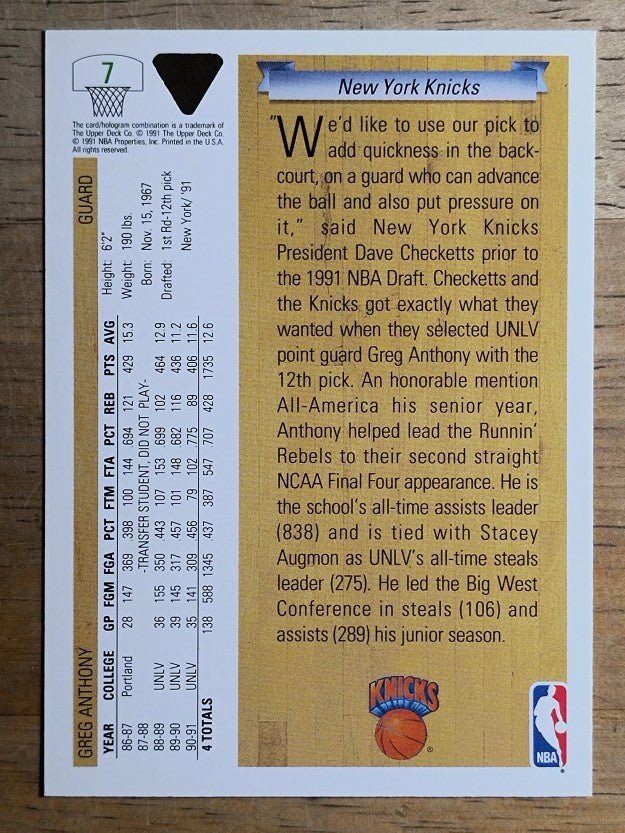 1991-92 Upper Deck #7 Greg Anthony RC