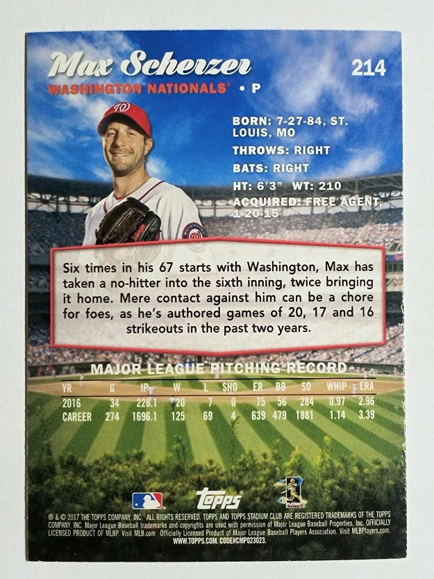 2017 Stadium Club #214 Max Scherzer