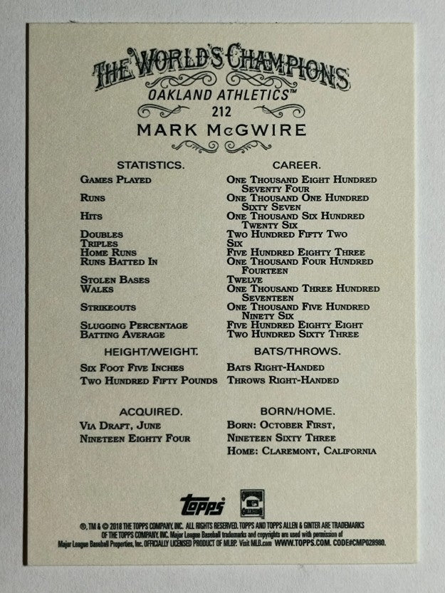 2018 Topps Allen and Ginter #212 Mark McGwire