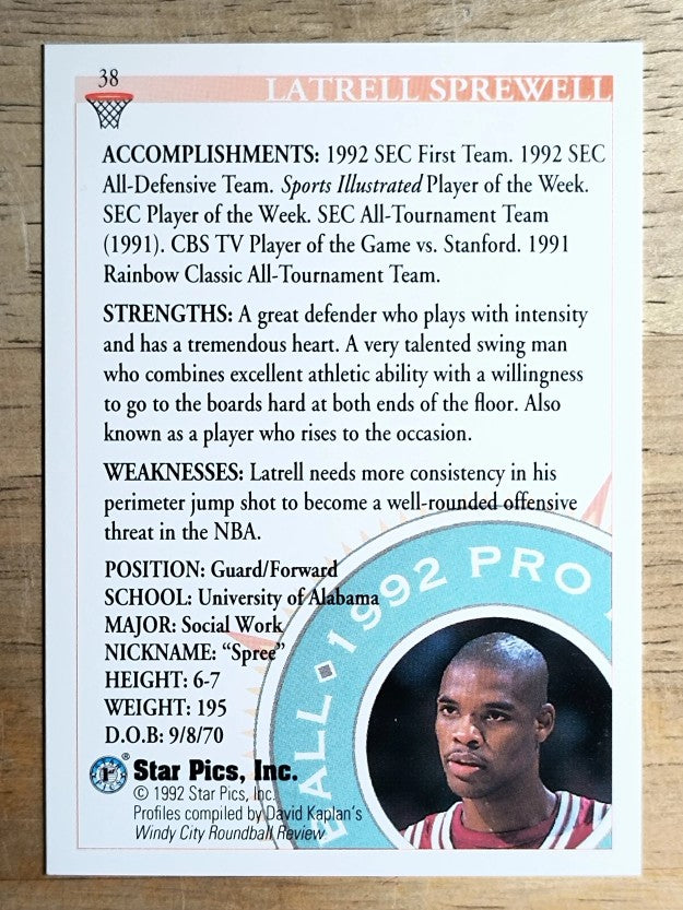 1992 Star Pics #38 Latrell Sprewell