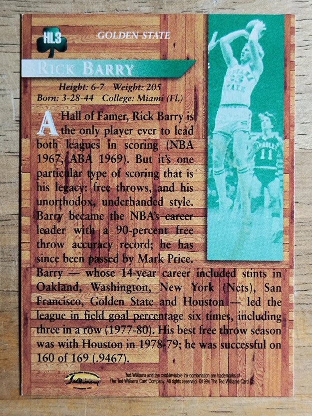 1995 Ted Williams Hardwood Legends #HL3 Rick Barry