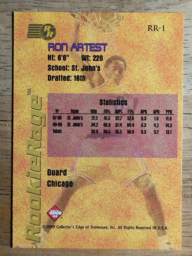 1999 Collector's Edge Rookie Rage Gold #RR1 Ron Artest