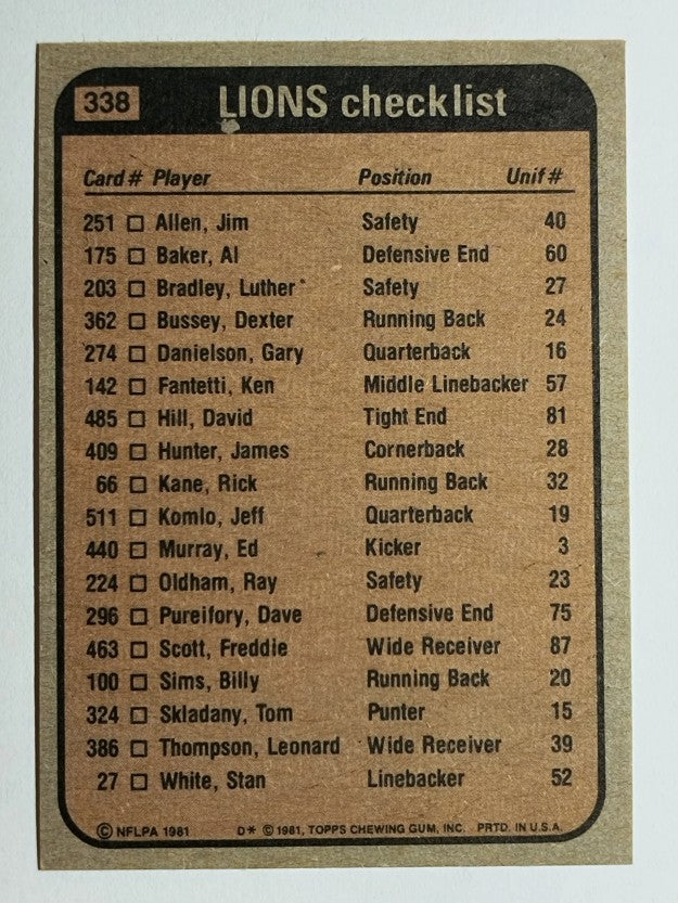 1981 Topps #338 Lions TL/Billy Sims/Freddie Scott/James Hunter/Al(Bubba) Baker
