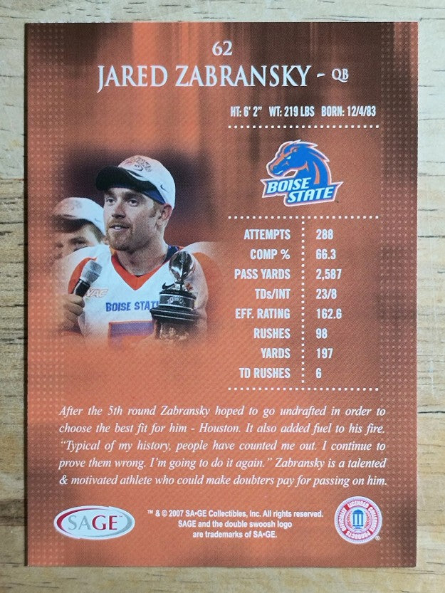 2007 SAGE #62 Jared Zabransky