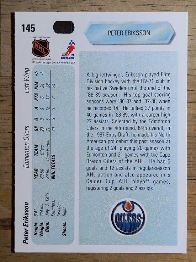 1990-91 Upper Deck #145 Peter Eriksson RC
