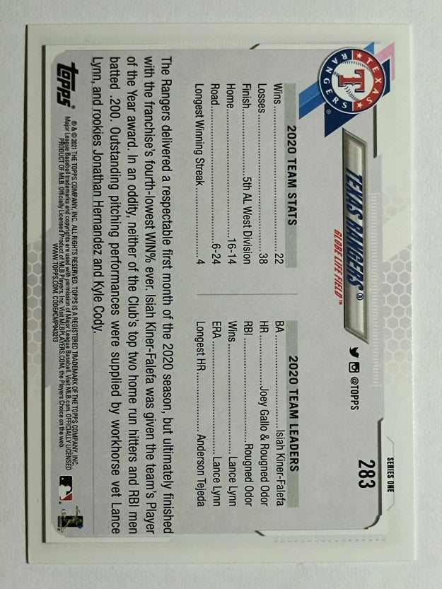 2021 Topps #283 Texas Rangers TC