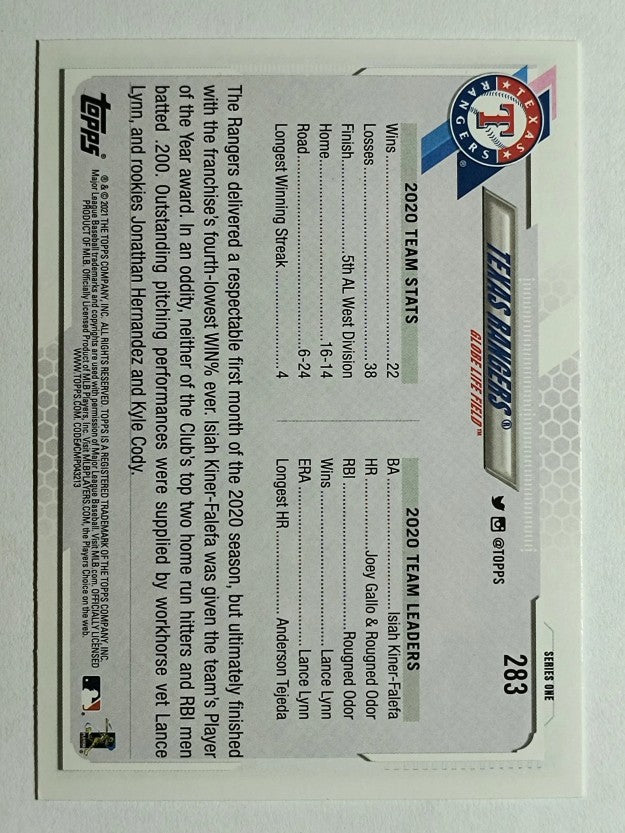 2021 Topps #283 Texas Rangers TC