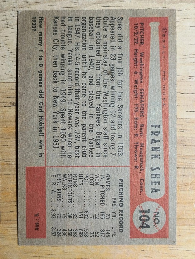 1954 Bowman #104 Frank Shea (EX)