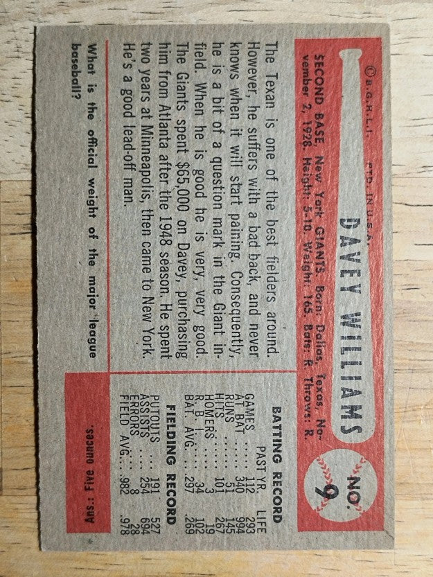 1954 Bowman #9 Dave Williams (EXMT)