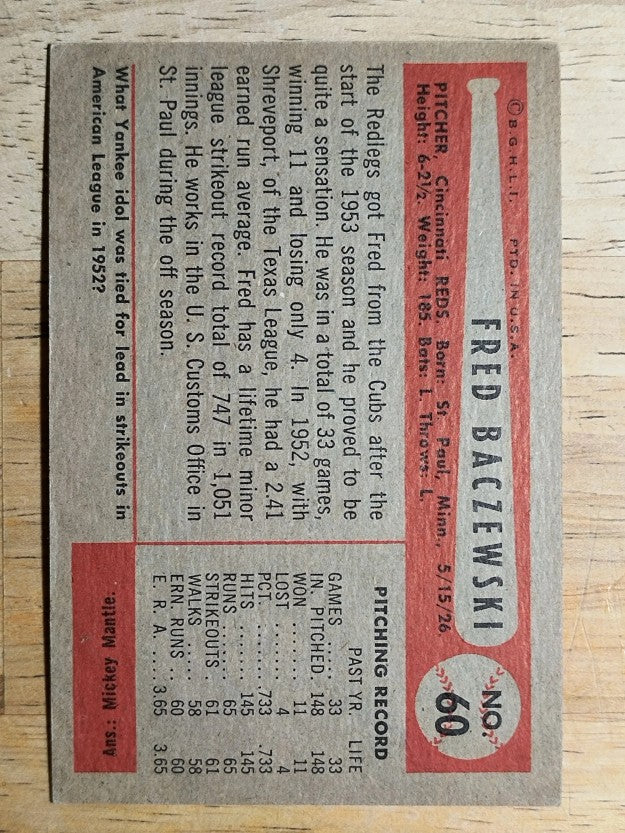1954 Bowman #60 Fred Baczewski RC (VGEX)