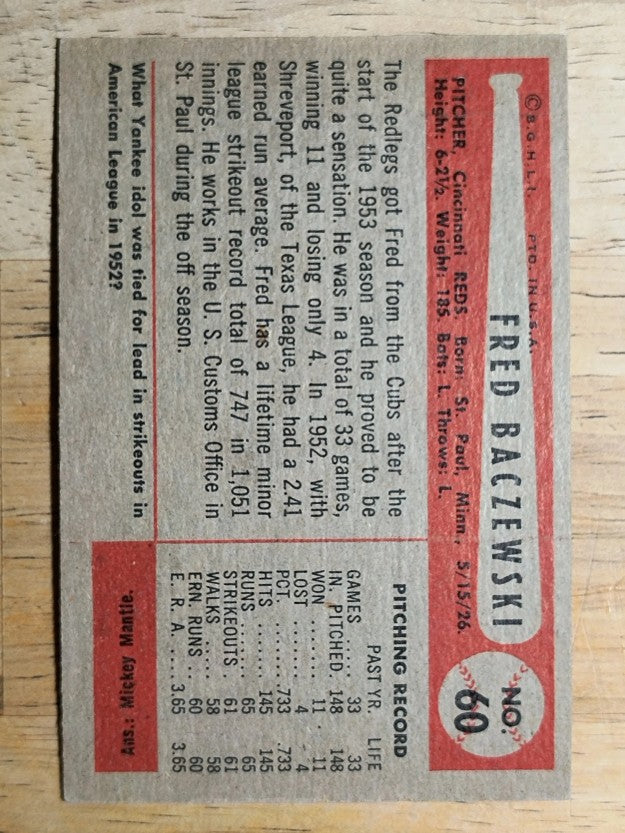 1954 Bowman #60 Fred Baczewski RC (EX)