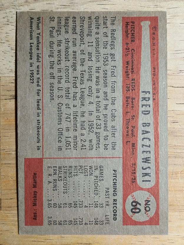 1954 Bowman #60 Fred Baczewski RC (EX)
