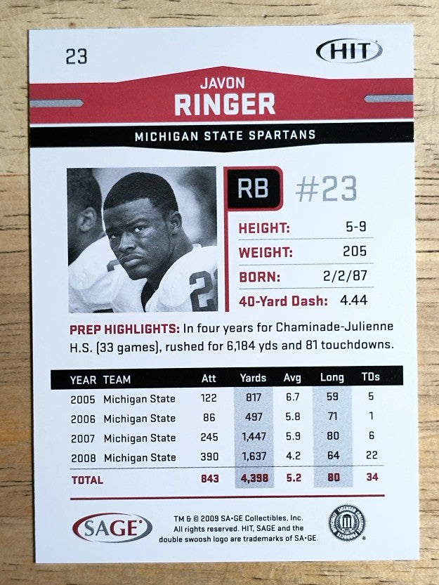 2009 SAGE HIT #23B Javon Ringer two hands on ball
