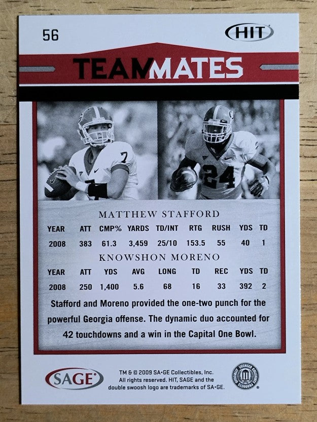 2009 SAGE HIT #56 Matthew Stafford TM/Knowshon Moreno