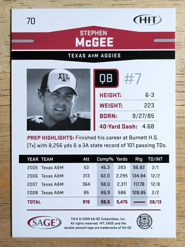 2009 SAGE HIT #70 Stephen McGee