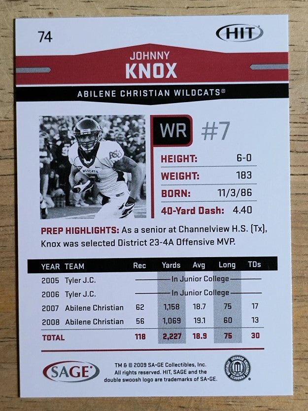 2009 SAGE HIT #74 Johnny Knox