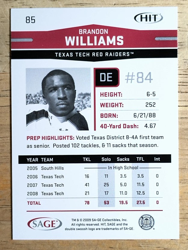 2009 SAGE HIT #85 Brandon Williams