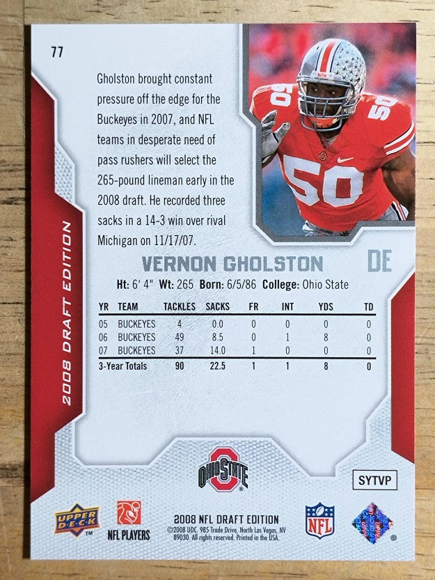 2008 Upper Deck Draft Edition #77 Vernon Gholston RC