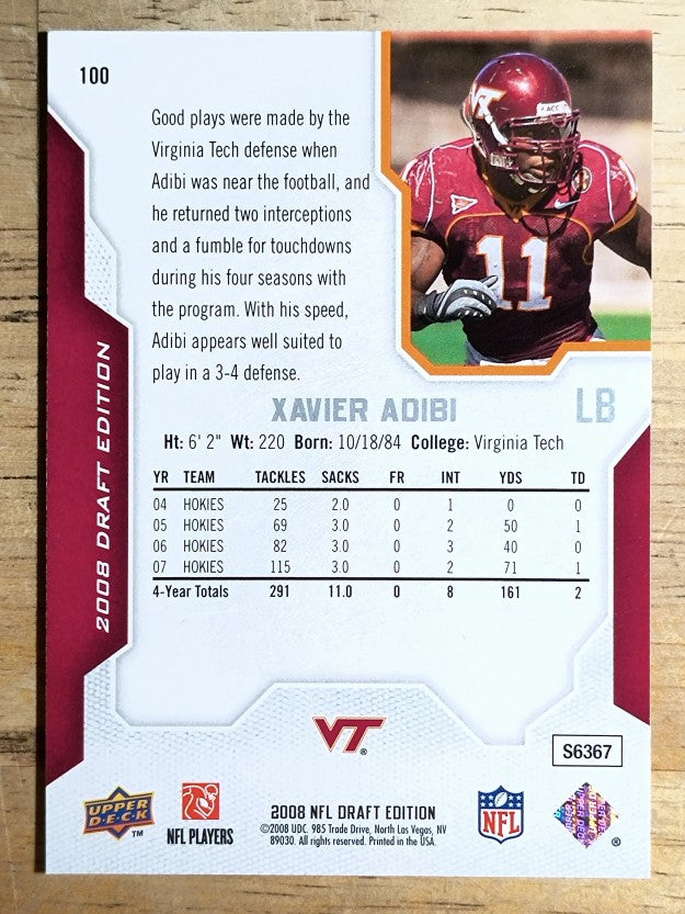 2008 Upper Deck Draft Edition #100 Xavier Adibi RC
