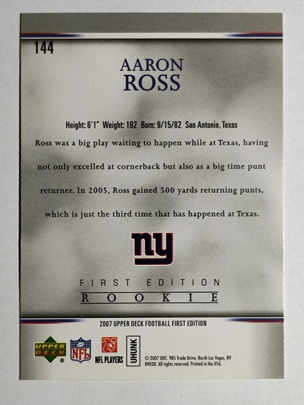 2007 Upper Deck First Edition #144 Aaron Ross RC