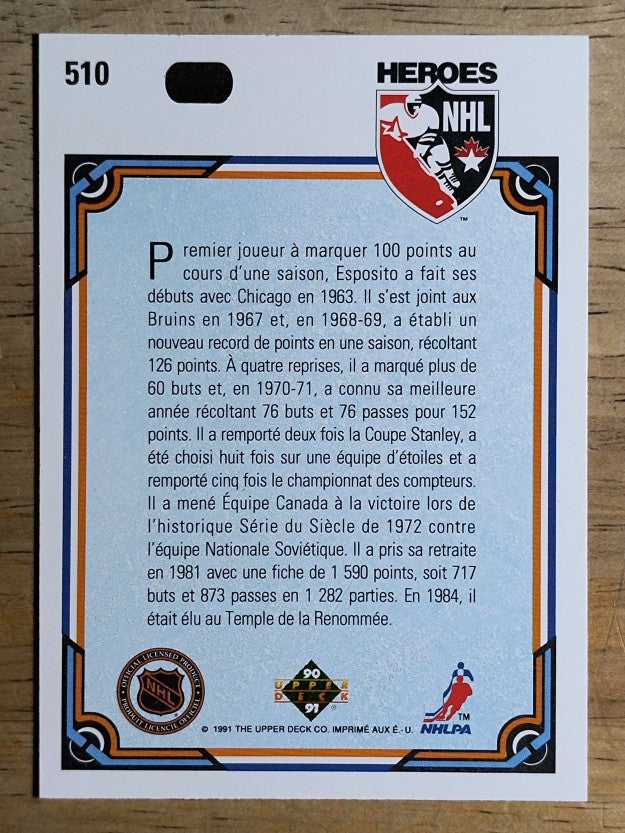 1990-91 Upper Deck French #510 Phil Esposito HERO
