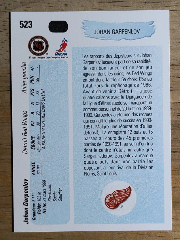 1990-91 Upper Deck French #523 Johan Garpenlov YG RC