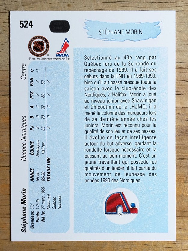 1990-91 Upper Deck French #524 Stephane Morin YG RC