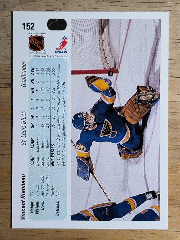 1990-91 Upper Deck #152 Vincent Riendeau RC