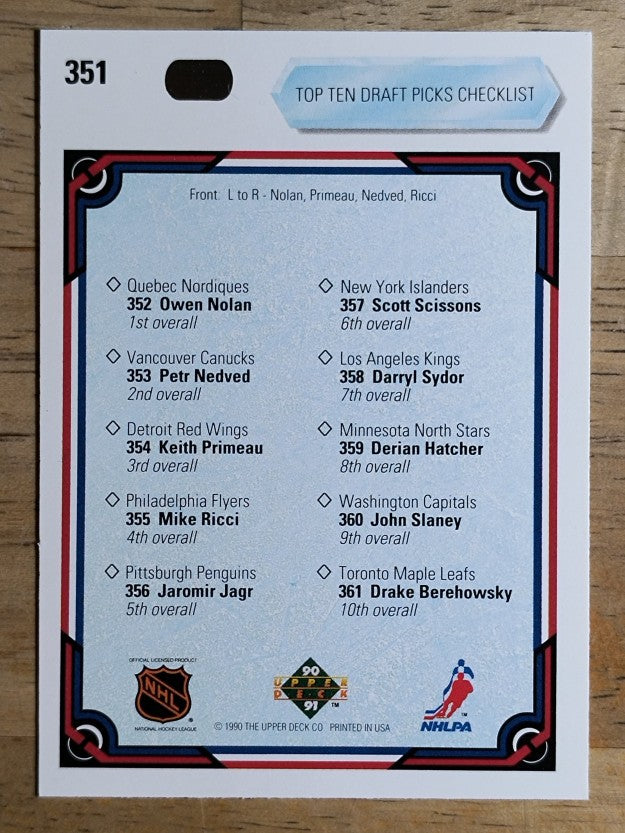 1990-91 Upper Deck #351 Draft Picks CL/Owen Nolan/Keith Primeau/Mike Ricci
