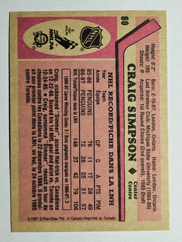 1987-88 O-Pee-Chee #80 Craig Simpson RC