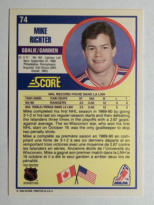 1990-91 Score Canadian #74 Mike Richter RC