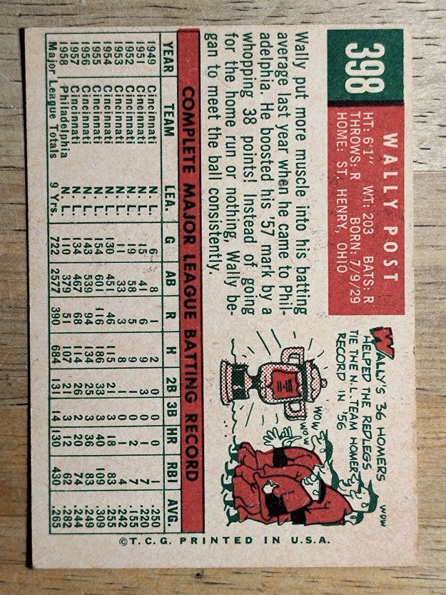 1959 Topps #398 Wally Post (VGEX)