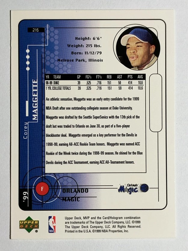 1999-00 Upper Deck MVP #216 Corey Maggette RC