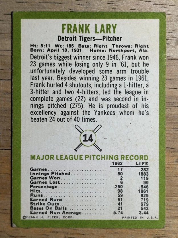 1963 Fleer #14 Frank Lary (VG)
