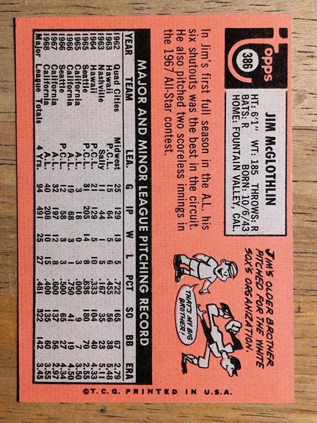 1969 Topps #386 Jim McGlothlin (VGEX)