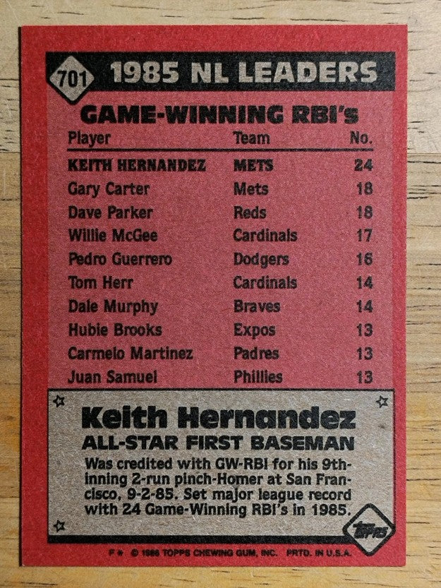 1986 Topps #701 Keith Hernandez AS