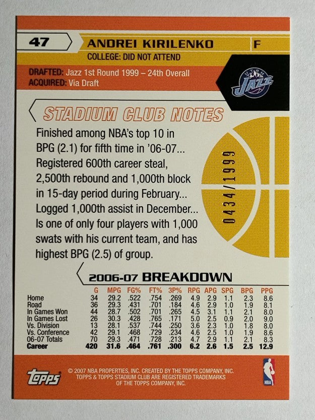 2007-08 Stadium Club First Day Issue #47 Andrei Kirilenko