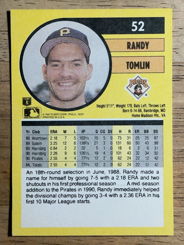 1991 Fleer #52 Randy Tomlin RC