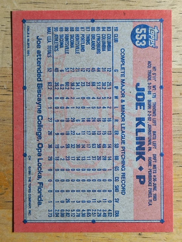 1991 Topps #553 Joe Klink