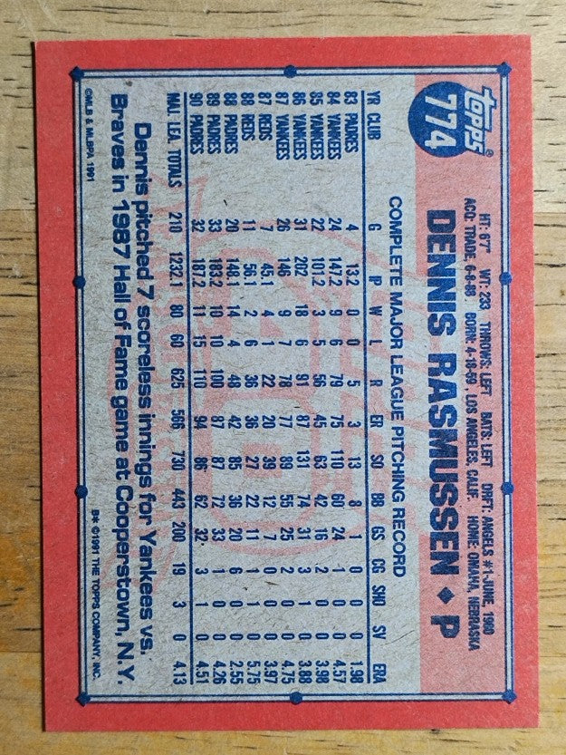 1991 Topps #774 Dennis Rasmussen