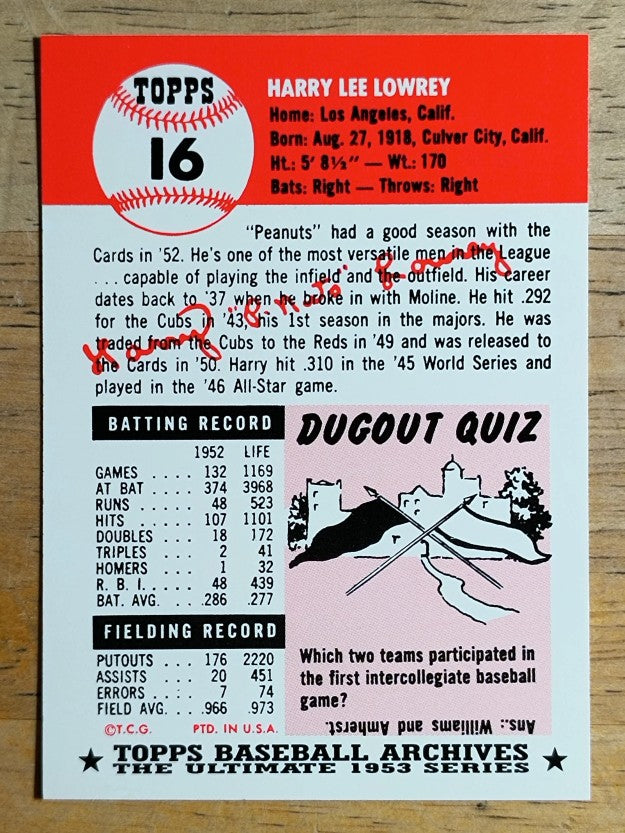1991 Topps Archives '53 #16 Peanuts Lowrey