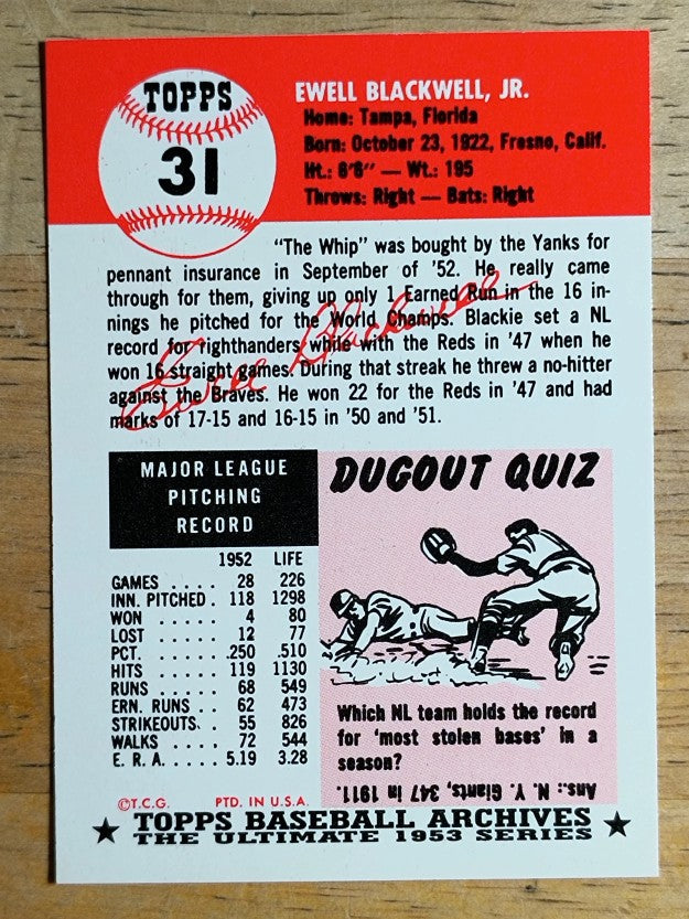1991 Topps Archives '53 #31 Ewell Blackwell
