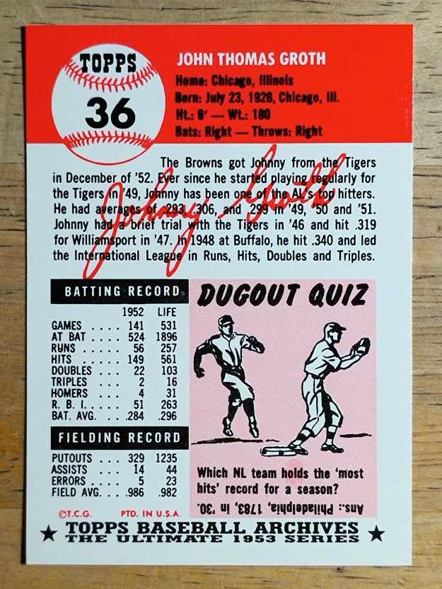 1991 Topps Archives '53 #36 Johnny Groth