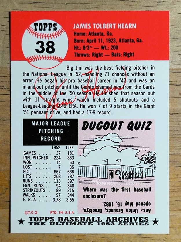1991 Topps Archives '53 #38 Jim Hearn