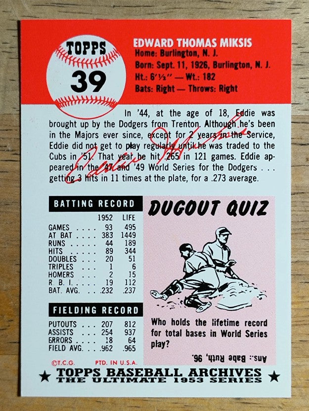 1991 Topps Archives '53 #39 Eddie Miksis