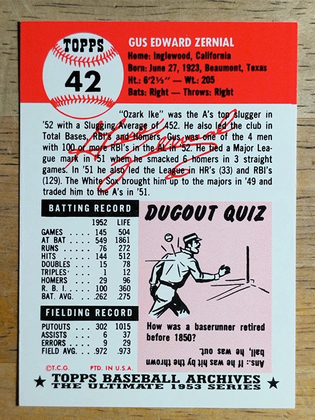 1991 Topps Archives '53 #42 Gus Zernial